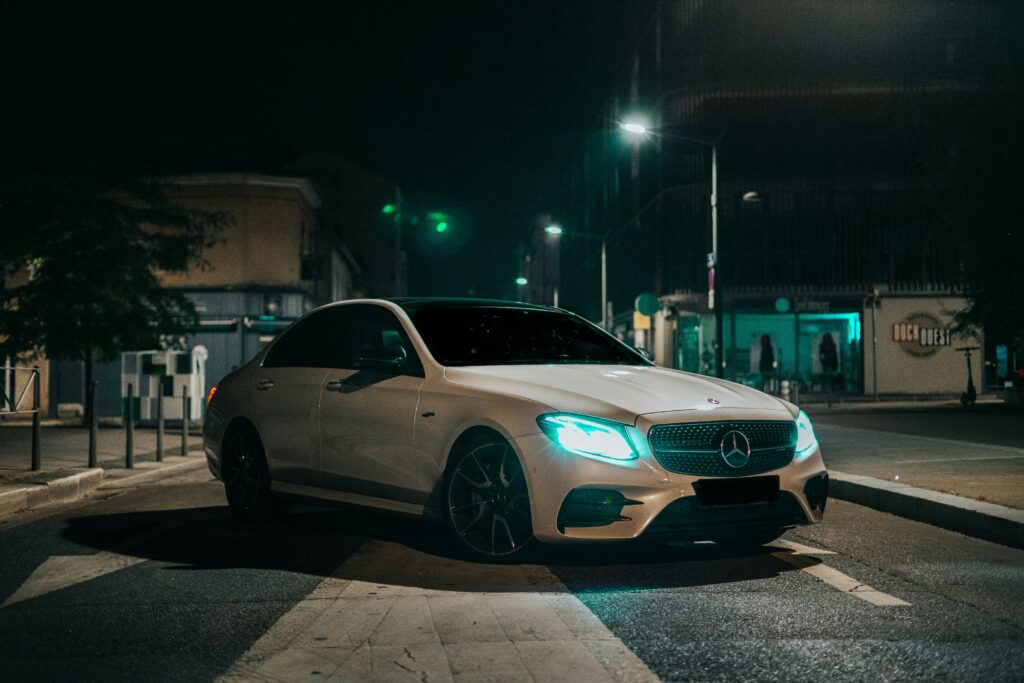 A Mercedes-Benz at night
