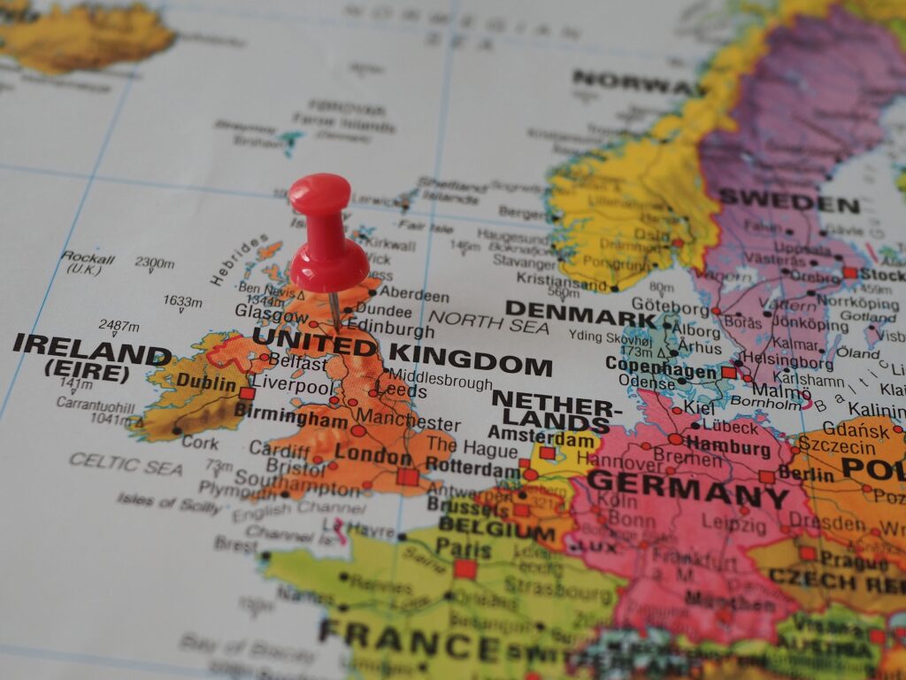 A map of Europe, with Germany and the UK prominent